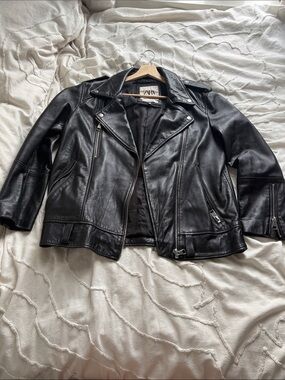 Zara Black Leather Moto Jacket with Asymmetrical Zip